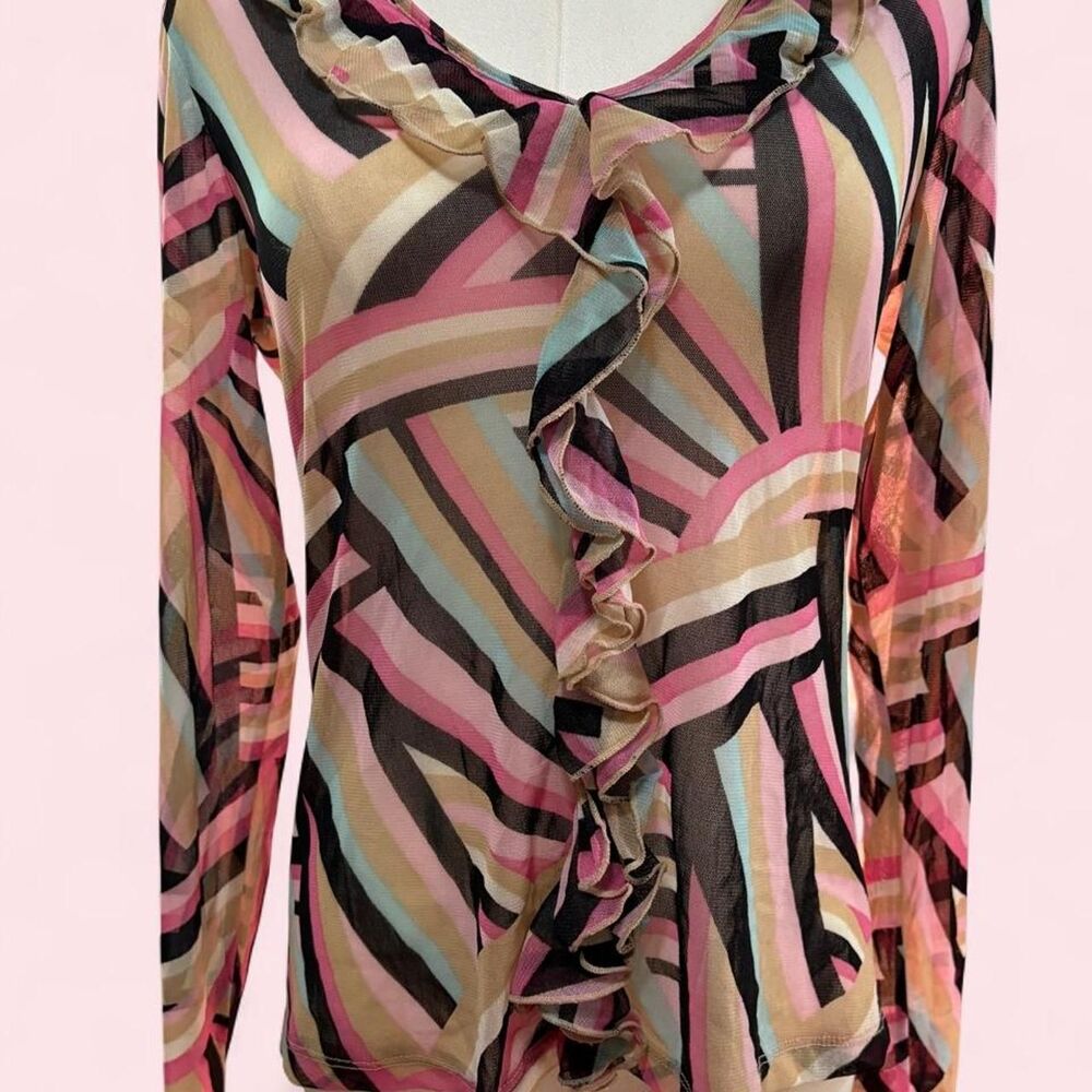 New York & Company sheer geometric ruffle mesh top